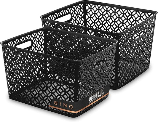 BINO l Plastic Storage Baskets, XLarge - Black | THE BLOSSOM COLLECTION l Multi-Use Organizer Bin l Built-in Handles l Plastic Woven Basket for Organizing l Pantry & Home Organizing Basket