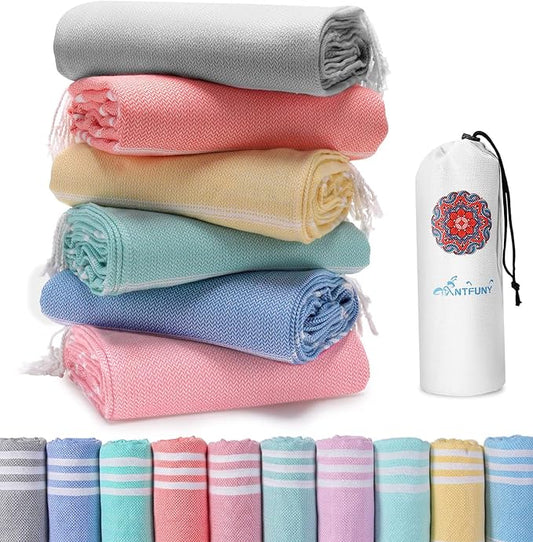 6 Packs Turkish Beach Towels Vacation Essentials Quick Dry Sand Free Soft Large XL Big Blanket Adult Oversized Bath Pool Swim Towel Set Bulk Multipack Lightweight Thin Sandless Fast Drying Compact