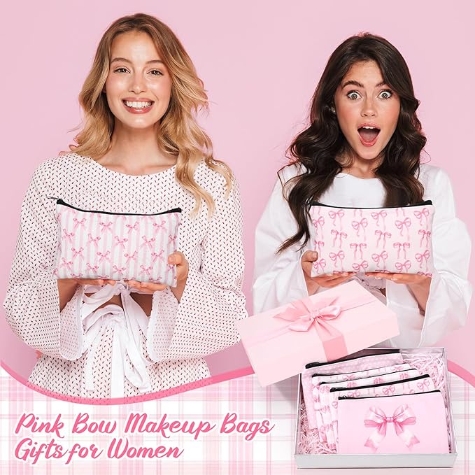 Reginary 20 Pieces Pink Bow Cosmetic Bag for Women, Roomy Pink Bow Makeup Bags with Zipper Toiletry Bag Pouch Travel Accessory Organizer Valentine's Day Gifts, 7 x 4.3 Inches