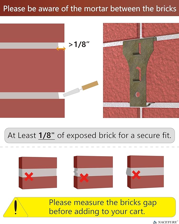 NACETURE Brick Hook Clips, 18-Pack — for Bricks 2-1/4”–2-2/5” Only, Requires ≥1/8” Recessed Mortar Gap — No-Drill Metal Brick Wall Hangers — for Seasonal & Everyday Wall Décor
