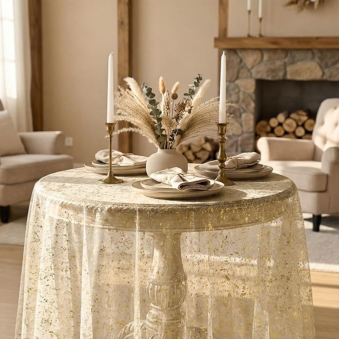 Horaldaily Beige Gold Gauze Tablecloth 60x60 Inch Round, Golden Sequin Glitter Metallic Foil, Sheer Tulle Cheesecloth for Wedding Baby Shower Ceremony Birthday