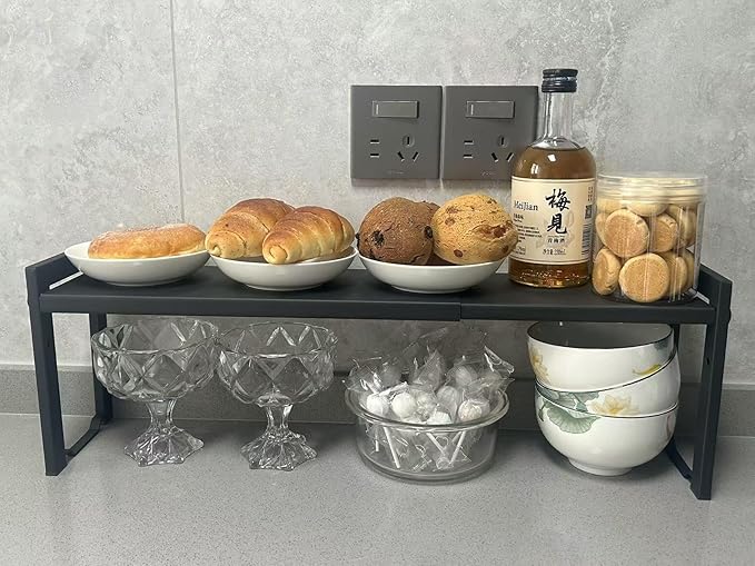 2 Pack Expandable Cabinet Shelf Organizer 16-26" L Stackable Kitchen Counter Shelves Rack Stand Sink Riser Countertop Storage Black (Narrow 5.1”D)