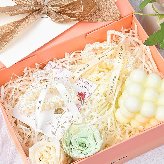 DEEKA Bridesmaid Proposal Gifts 8 Pack Pearl Bridesmaid Hair Claw Clips with Ribbon 3 Inch Hair Clips Bachelorette Party Favors Bridal Party Present Hair Accessories (Half Circle White&Champagne)