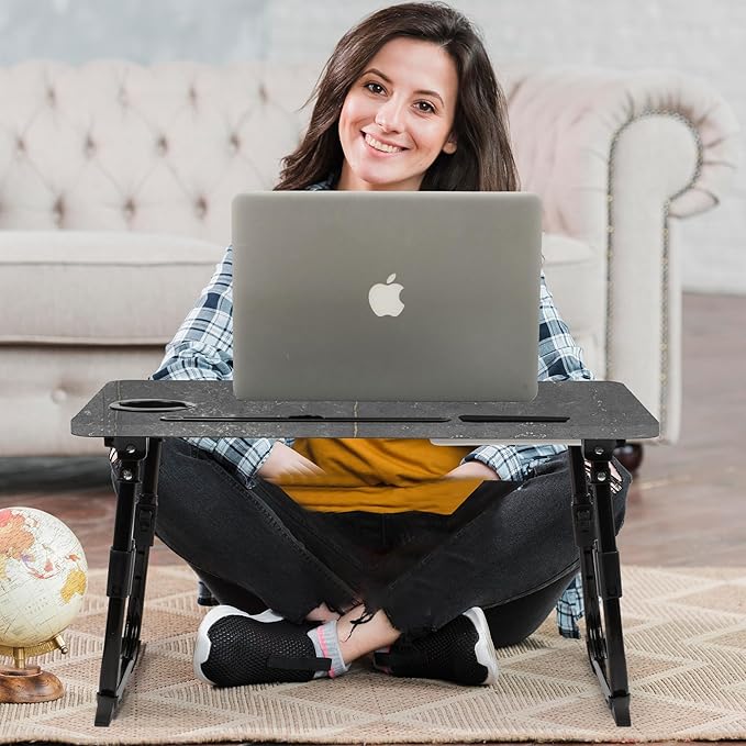 Laptop Desk for Bed, Height Adjustable, Lap Bed Table with USB/Storage Drawer/Cup Holder/Tablet Stand/Book Shelf, Foldable Breakfast Tray Portable for Reading Writing, Sofa & Floor, Deep Stone Texture