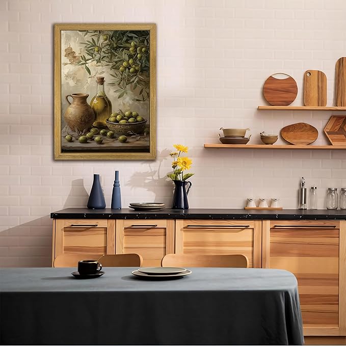 Wood Framed Olive Kitchen Wall Art, Vintage Rustic Still Life Canvas Print, Green Olives Poster Print Picture, Fruit Wall Decor Painting for Dining Room Cafe Restaurant Farmhouse Home Decor 12x16 inch