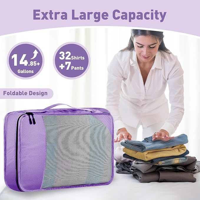 8-Piece Packing Cubes for Travel, Mesh Luggage Organizers with Shoe Bag, Toiletry Bag, Laundry Pouches, 4 Sizes (XL/L/M/S) for Suitcase Organization, Men Women Kids, Purple
