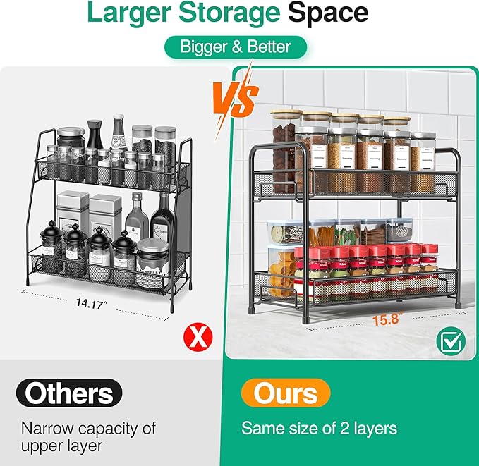 Spice Rack Organizer for Countertop, Xpatee 2-Tier Foldable Metal Rust-Proof Standing Large Seasoning Storage Shelf with Guardrail and Mesh Design for Kitchen Cabinet Bathroom Living Room Pantry, Black