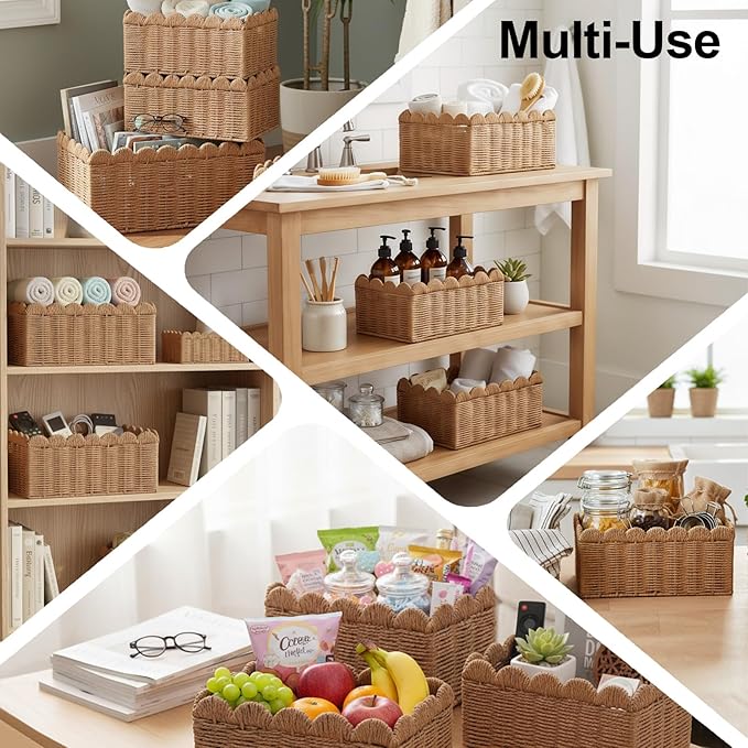 Luckybell 3 Pcs Wicker Baskets for Organizing,Scalloped Baskets, Hand-woven Wicker Storage Cubes, Paper Rope Shelf Baskets for Organizing and Decoration,Brown Basket
