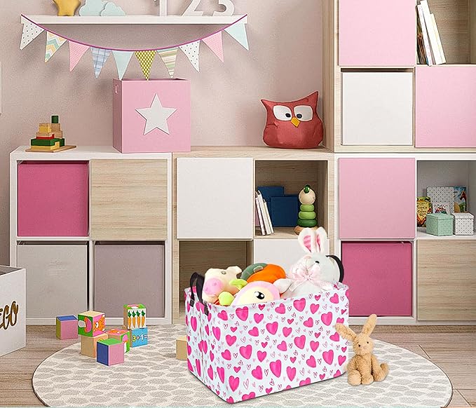 Rectangle Gift Storage Basket Home Shelf Storage Basket Organizer Box Clothes Laundry Hamper Nursery Basket Laundry Basket with Handles (Heart)