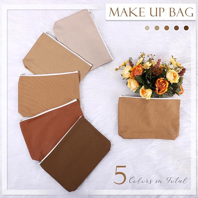 Reginary 10 Pcs Valentines Canvas Makeup Bags Bulk for Women Travel Toiletry Cosmetics Bags Blank DIY Pencil Pouch, Gift for Valentines Patrick's Day Wedding Bridal Shower Coworker(Brown)