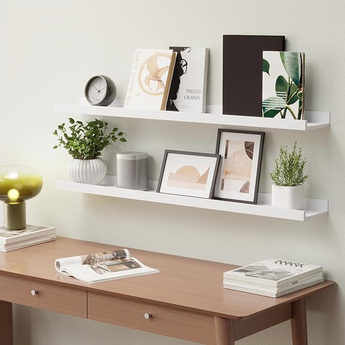 36 Inches Long Floating Shelves Wall Mounted, 2 Set Modern White Shelf for Bedroom, Nursery Book with Lip, Picture Ledge Decor Living Room Bathroom Kitchen - White, 35.4 In