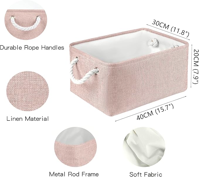 Storage Bins with Sturdy Cotton Handles(1 Pack), Fabric Storage Baskets for Organizing use for Office & Home, Book, Clothes, Toys, Closet Boxes (Large, Pink, 15.7x11.8x7.9 inches)
