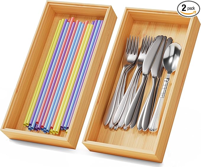 Bamboo Kitchen Drawer Organizer Boxes – Stackable Wood Silverware Utensil Tray for Drawers Bins, Cutlery & Flatware Storage – Wooden Organizers Set of 2, 12" x 6" x 2" for Junk Drawer, Bathroom, RV