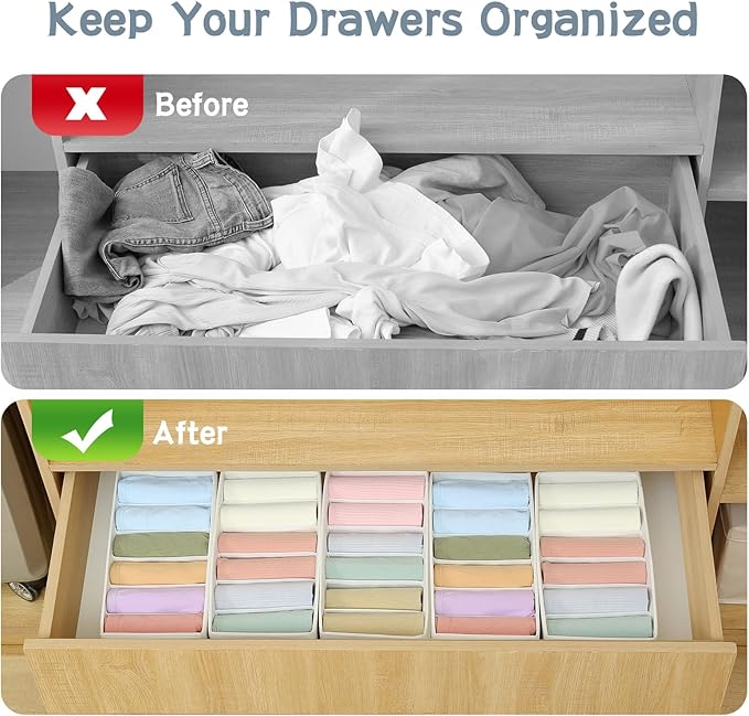 Qozary 3 Pack Sock Underwear Drawer Organizer Dividers, Non-Woven Fabric Collapsible Cabinet Closet Storage Boxes for Clothes, Socks, Lingerie, Underwear, Tie, Belt, Baby, Bedroom (White, 6 Cells)