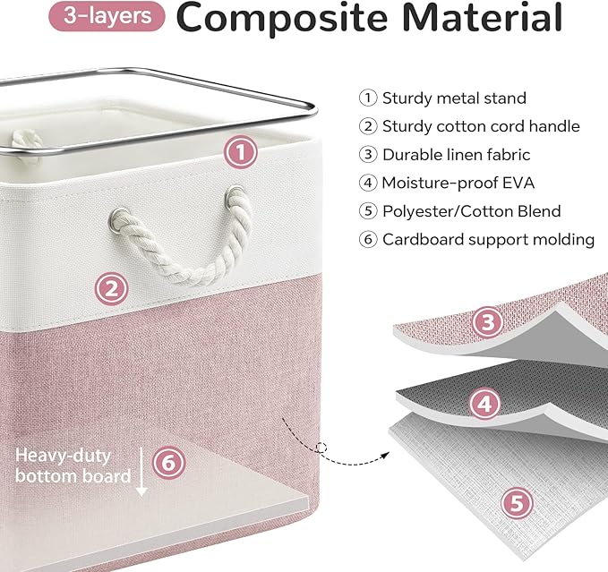 VQRTEXA 12 x 12 Inch Cube Storage Bins, 4 Pack Fabric Storage Basket with Handles, Foldable Boxes Organizer for Shelf Baskets for Home, Clothes (White/Pink)