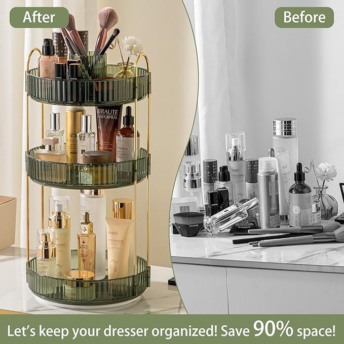 Rotating Makeup Organizer for Vanity, High-Capacity Skincare Clear Make Up Storage Perfume Organizers Cosmetic Dresser Organizer Countertop 360 Spinning (Green, New-3 Tier)