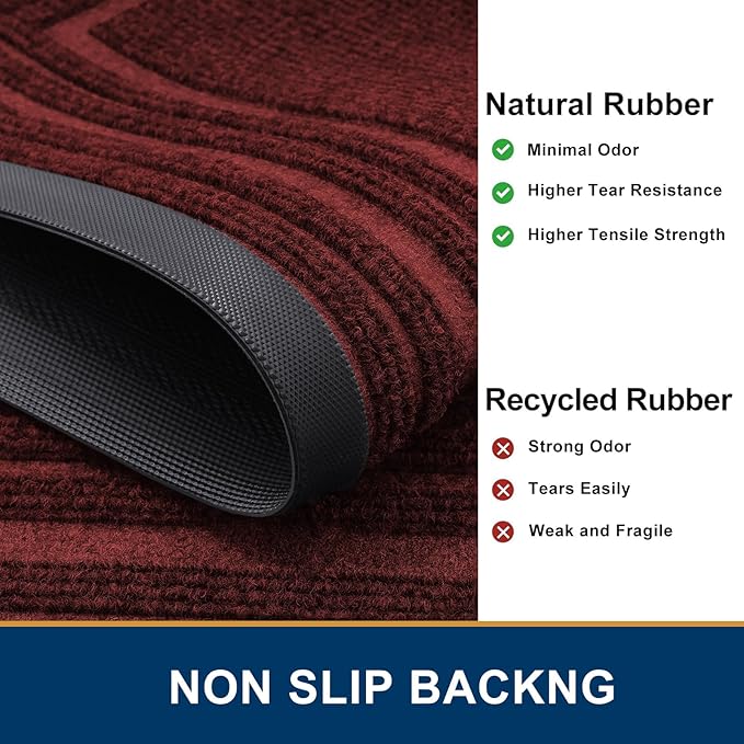 Buganda Front Door Mat Indoor Outdoor Entrance, Non-Slip Natural Rubber Doormats, Easy Clean, Low Profile, Dirt Trapper Entryway Floor Mats for Outside, Garages and Patios, 29.5x17, Wine Red