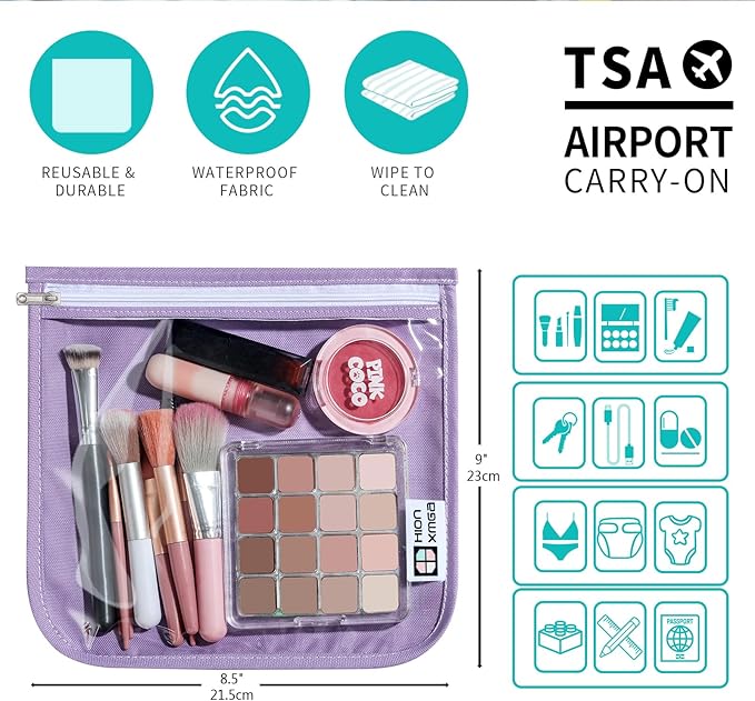 TSA Approved Toiletry Bag, Set of 3 Clear Travel Toiletry Bag Quart Size Zipper Travel Pouch, Waterproof Makeup Cosmetic Bag for Women Men Kids Toiletries Carry on, Purple Large