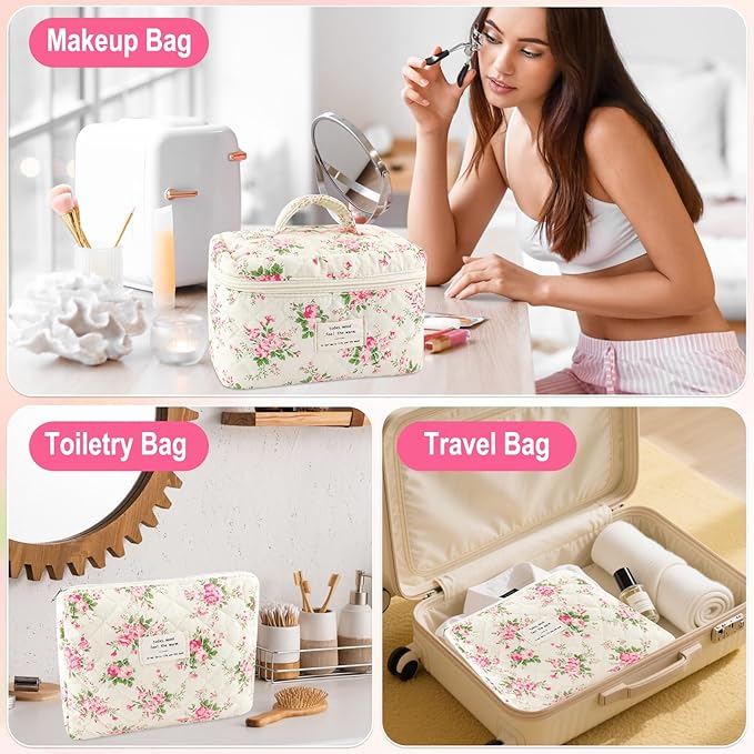 3Pcs Cotton Quilted Makeup Bag for Women Girls Large Small Travel Pink Floral Cosmetic Bags Set Cute Coquette Makeup Pouch for Purse Aesthetic Cloth Flower Storage Toiletry Bag Organizer