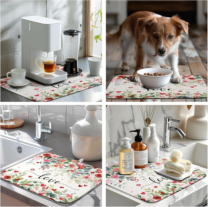 Valentines Day Love Heart Rose Eucalyptus Leaves Dish Drying Mat for Kitchen Counter 16x18 Inch Spring Valentine Microfiber Absorbent Dish Drainer Mats Reversible Drying Pad