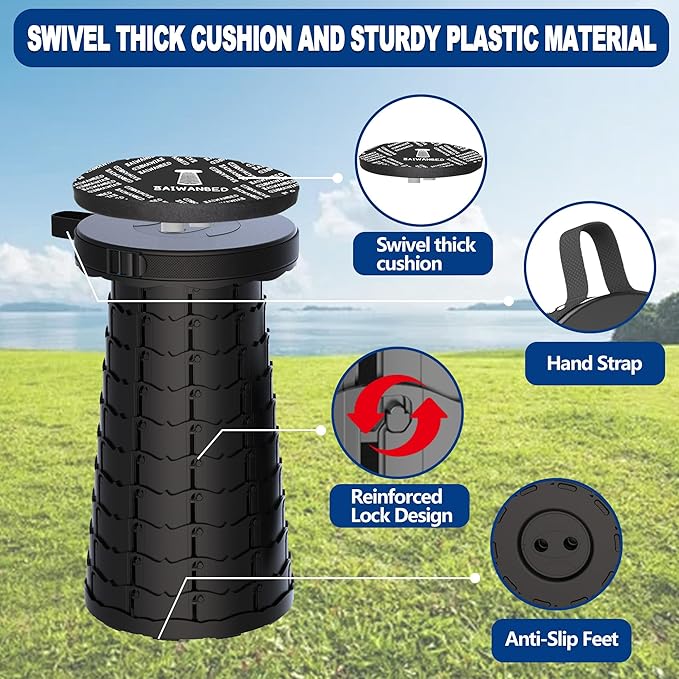 2025 Upgraded 45cm Collapsible Stool with Cushion, Maximum Loading 440 Pounds, Portable and Lightweight Adjustable Seat, Camping Retractable Stool for Outdoor Camping, Fishing, Hiking, BBQ