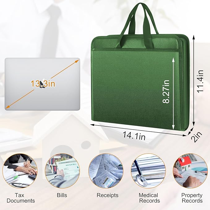 onvvippiv File Organizer Fireproof Expanding Accordion File Folder with Zipper Labels13 Pockets Document Organizer Holder Storage Box Bag for Business Office Receipt Home Travel