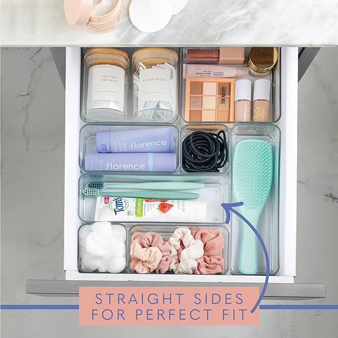 primebox Eight Piecs. Plastic Clear Drawer Organizers for Bathroom, Kitchen, Bedroom, Office Organizer Bins, Storage Trays. Heavy Duty, Stackable 4 Sizes