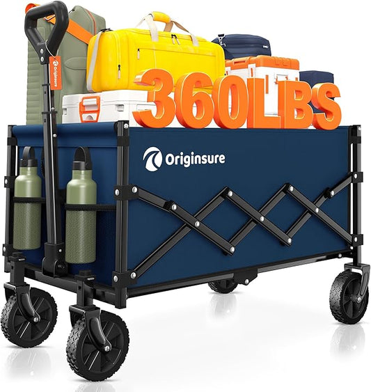 Originsure Collapsible Wagon Cart Foldable - Lightweight Portable Heavy Duty Folding Beach Wagons with Wheels - Outdoor Utility Carts for Grocery, Camping, Shopping, Sports with Large Capacity - Blue