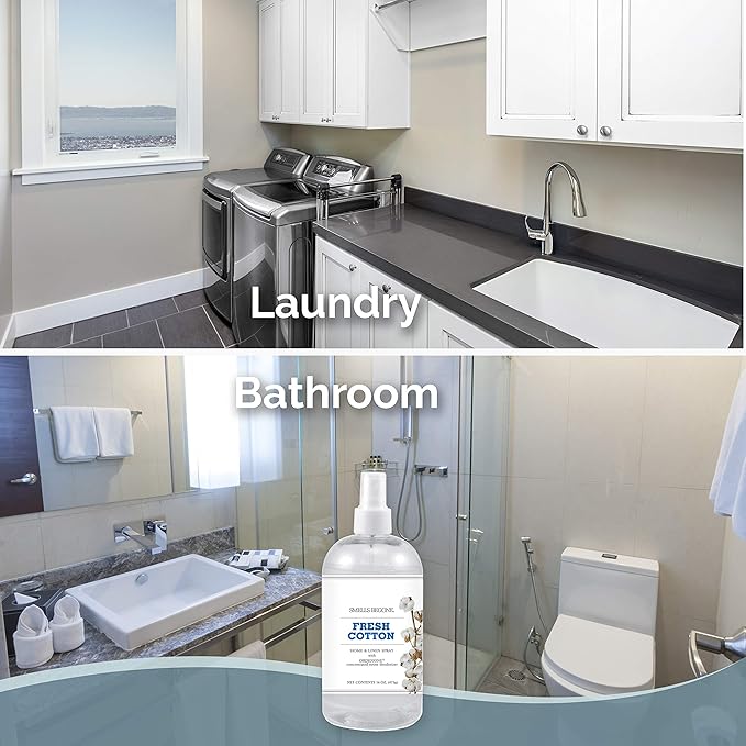 SMELLS BEGONE Air Freshener Home and Linen Spray - Odor Eliminator - Made with Essential Oils - Fresh Cotton Scent - 2 Pack - 16 Ounce