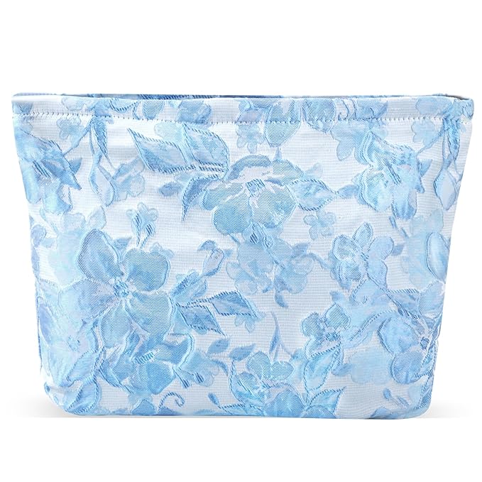 ZLFSRQ Flower Makeup Bag Travel Cute Floral Cosmetic Bags for Women Large Toiletry Pouch Zipper Cosmetic Pouch for Purse Aesthetic Embossed Blue Makeup Organizer Bag Portable Toiletry Bags