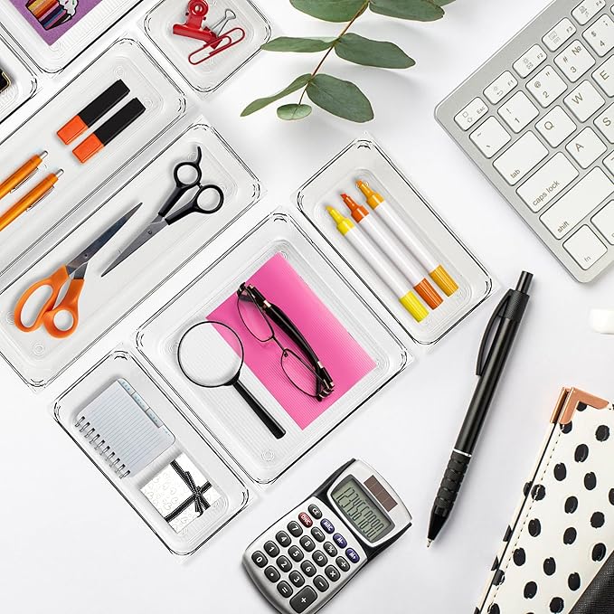 12 Pack Drawer Organizer - 3" X 6" Clear Acrylic Storage Bins with Non-Slip Pads, Versatile Desk Tray for Makeup, Jewelry, Kitchen, Bathroom, and Office Organization