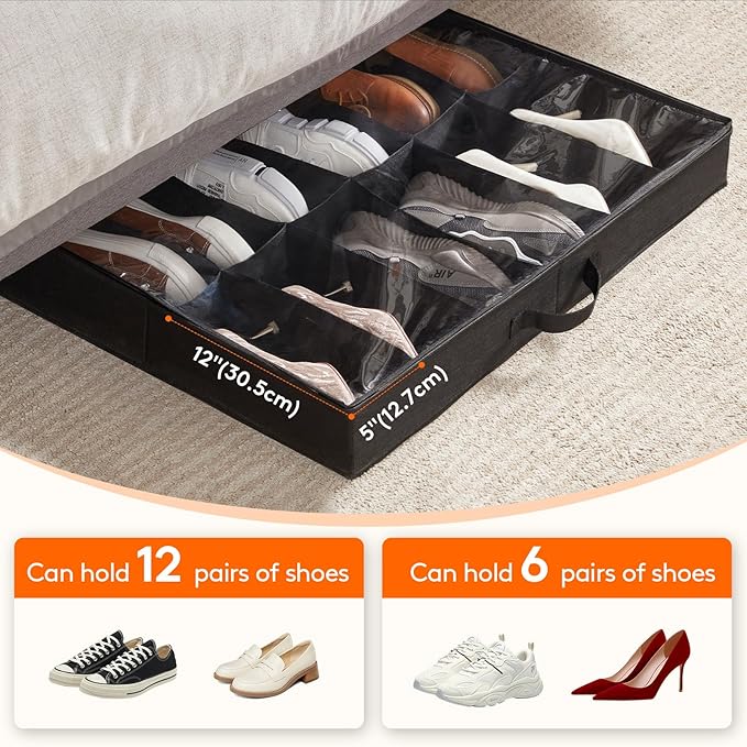 Lifewit Under Bed Shoe Storage Organizer 1 Pack (12 Pairs), 4.3" Tall Fabric Shoes Container Box, Foldable Closet Shoe Bag with 2 Reinforced Handles and Clear Cover, Black