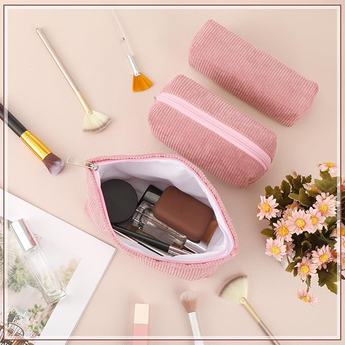 3 Pcs Makeup Bag Set for Women Corduroy Cosmetic Pouch Aesthetic Smile Travel Toiletry Bag Cute Purse Pouch Pencil Case Makeup Brushes Storage Organizer for Christmas(Pink,Solid Style)