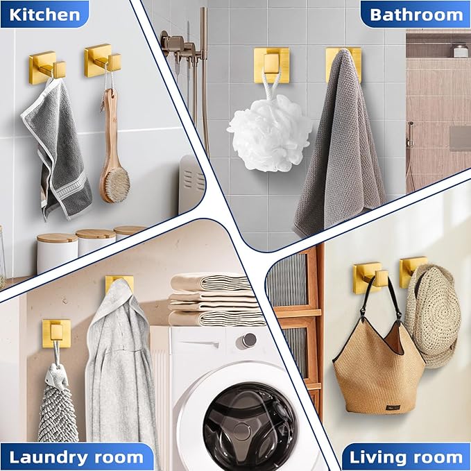 warlve Brushed Gold Towel Hooks for Bathrooms, Heavy Duty Wall Mounted Stainless Steel Modern Hook, 4 Pack – Ideal for Hanging Towels, Robes, Coats, in Kitchen, Bedroom, Bathroom, or Hotel