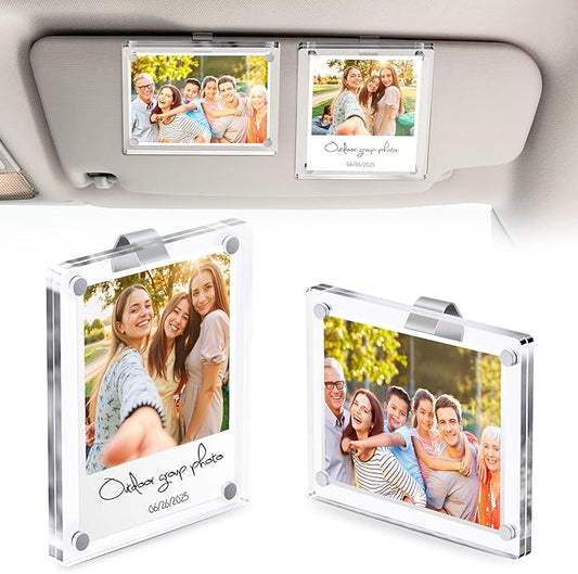 2Pcs Large Car Sun Visor Photo Clip – Magnetic 3.5"x 4.4" Acrylic Frame for Instax Wide & Polaroid i-Type Photos, Easy Clip-On Display for Car Interior, Car Auto Accessories Gifts for Family & Personal Photos, Mother's Day, Father's Day