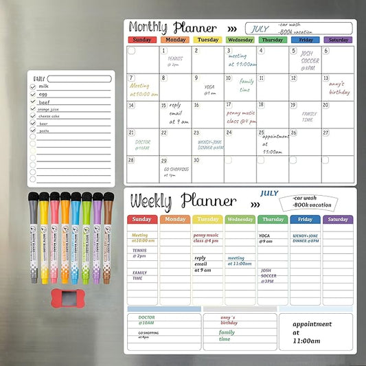 Hivillexun Magnetic Dry Erase Calendar Whiteboard Set (3-Pack) for Fridge, Wall, and Refrigerator Organization – Monthly, Weekly, and Daily Planners with 8 Markers and Eraser