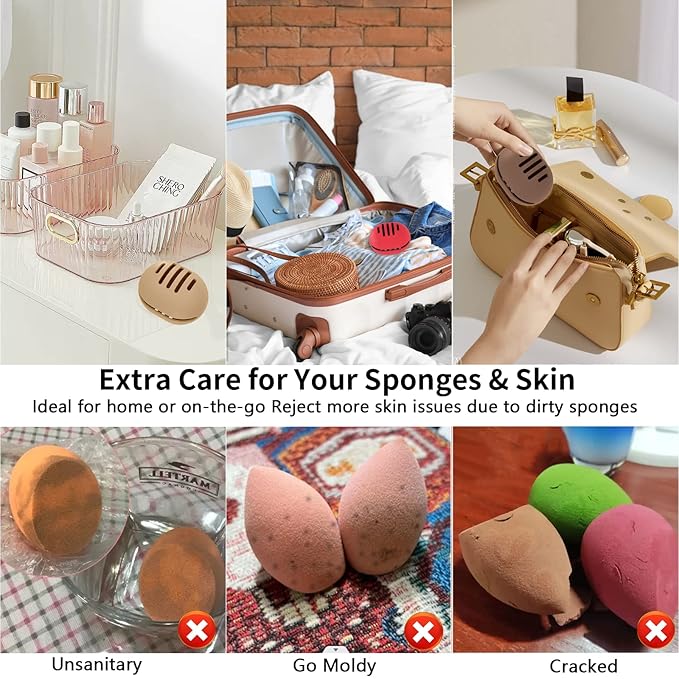 2 Pcs Makeup Sponge Holder,Double-sided Breathable Silicone Beauty Blender Holder for Travel,Shatterproof Make Up Case for All Sponges Sanitary Reuse Easy to Carry,Khaki+Pink