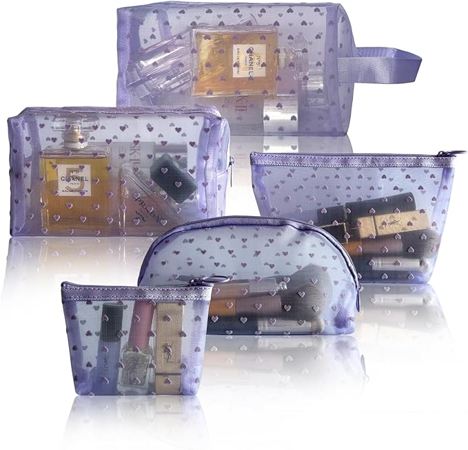 5-Piece Heart Printed Mesh Makeup Bag Set, Portable Travel Cosmetic Bags Toiletry Bags Purse Bags Makeup Bags Zipper Mesh Storage Pouches for Home Offices Travel Accessories (Purple)