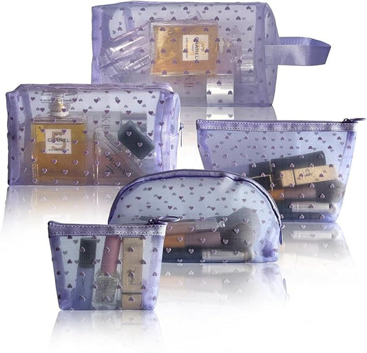 5-Piece Heart Printed Mesh Makeup Bag Set, Portable Travel Cosmetic Bags Toiletry Bags Purse Bags Makeup Bags Zipper Mesh Storage Pouches for Home Offices Travel Accessories (Purple)