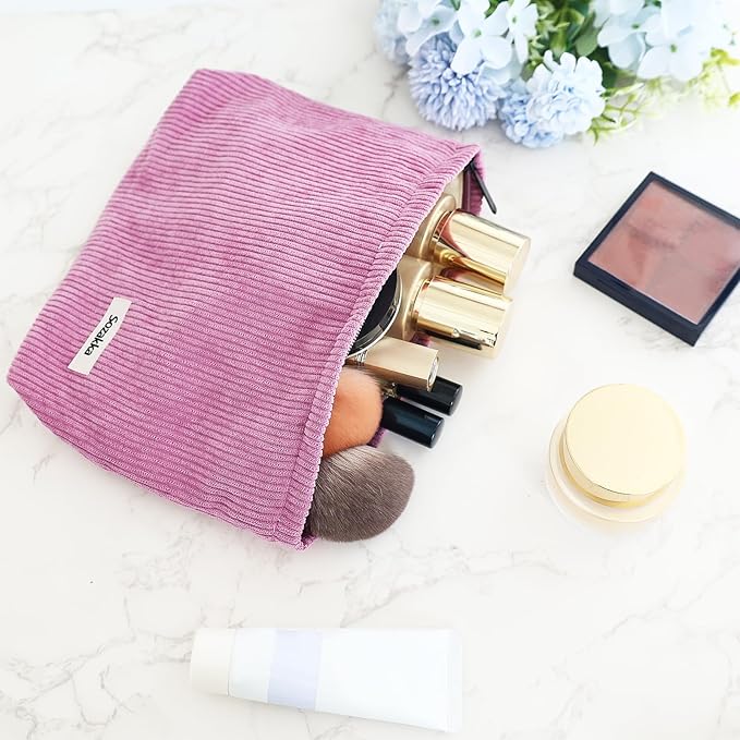 ZLFSQR Corduroy Makeup Bag for Women Small Corduroy Cosmetic Bag Large Cute Travel Makeup Pouch for Purse Flesh Pink Cloth Cosmetic Pouch Zipper Storage Organizer Canvas Toiletry Bags