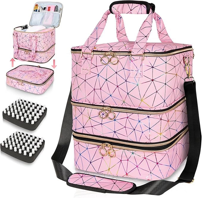 Nail Polish Organizer Bag Holds 84 Bottles & Nail Lamp, 3 Layers Nail Kit Storage Carrying Case Pu Leather, Large Nail Supplies Organizer With Shoulder Strap, Portable Travel Nail Bag, Pink