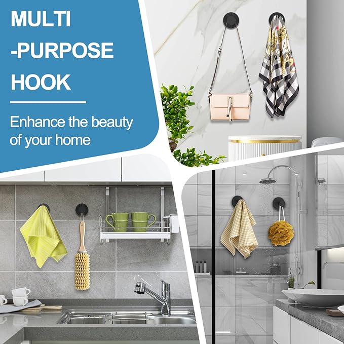 Suction Cup Hooks for Glass Window, Mirror, Wreaths - Shower Hooks for Inside Shower, No Drill Towel Hooks for Bathrooms, Bath Robe Coat Looafh Hook for Hanging - Black (4 Pack1)