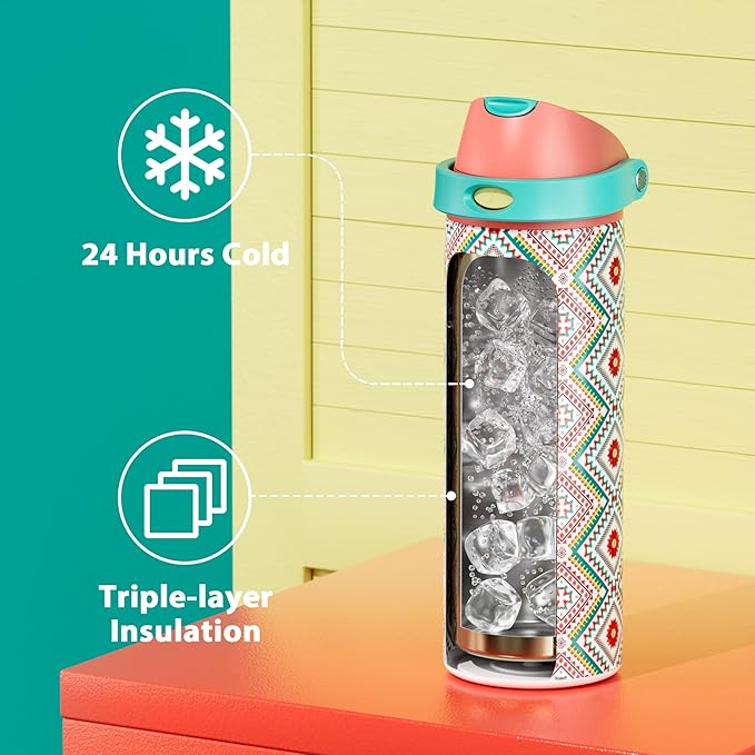 24 oz Insulated Water Bottle with Straw: Meoky Stainless Steel Metal Water Bottle with 2-in-1 Lid - Leak Proof, Cold for 24 Hours, Fits in Car Cup Holder, BPA-Free for Travel Sports Gym, Prism Folk