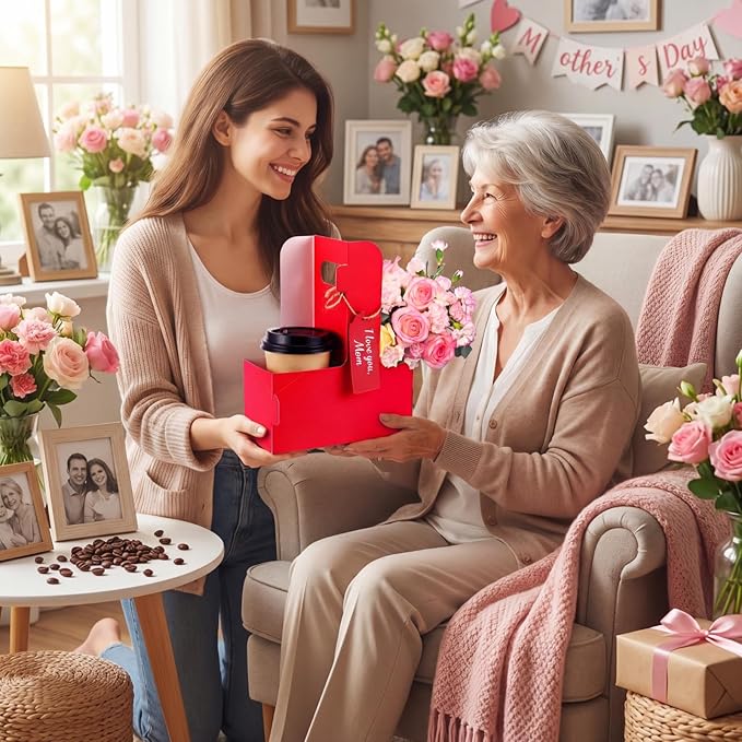MotiMind 50 Pack Mother's Day 2 Cup Drink Carrier with Handle, Kraft Paperboard Teacher Cup Holder Portable for Hot Cold Drinks, Coffee Carrier Gift with Heart Card Rope (Red,Pink)