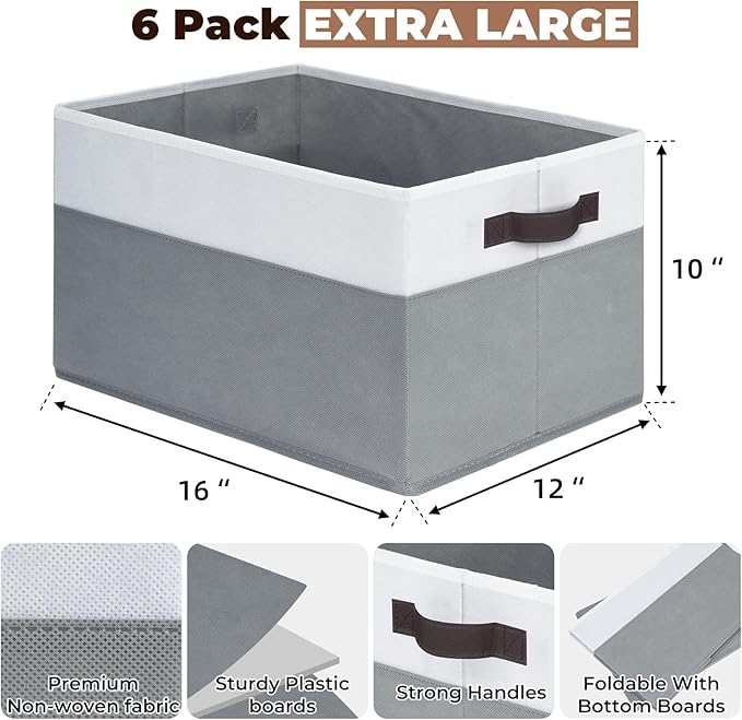 Criusia 6-Pack Clothes Bins for Organization - 16x12 Extra Large Storage Baskets for Shelves, Closet, Bedroom - Toy Storage Organizer Bins, Boxes, Cubes for Nursery - RV, Apartment Essentials