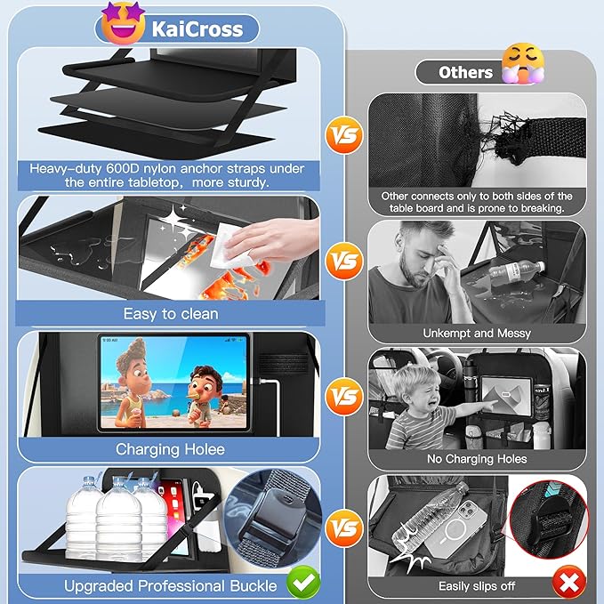KaiCross Backseat Car Organizer with Upgraded Foldable Tray, Car Seat Organizer for Kids, Travel Accessories with 9 Storage Pockets, Car Seat Organizer Backseat with Touch Screen-1 Pack