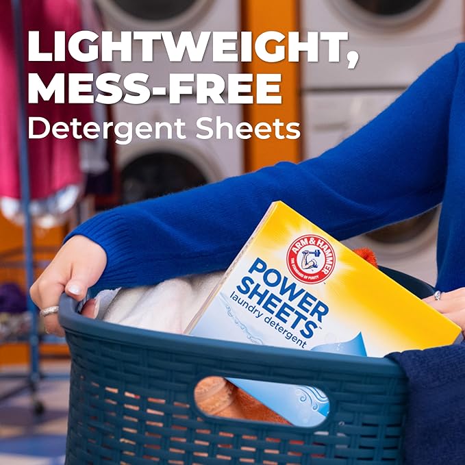 ARM & HAMMER Power Sheets Laundry Detergent, Fresh Breeze Scent, Dissolves in All Wash Temps, Lightweight and Travel-Ready, 60ct, Up to 120 Small Loads