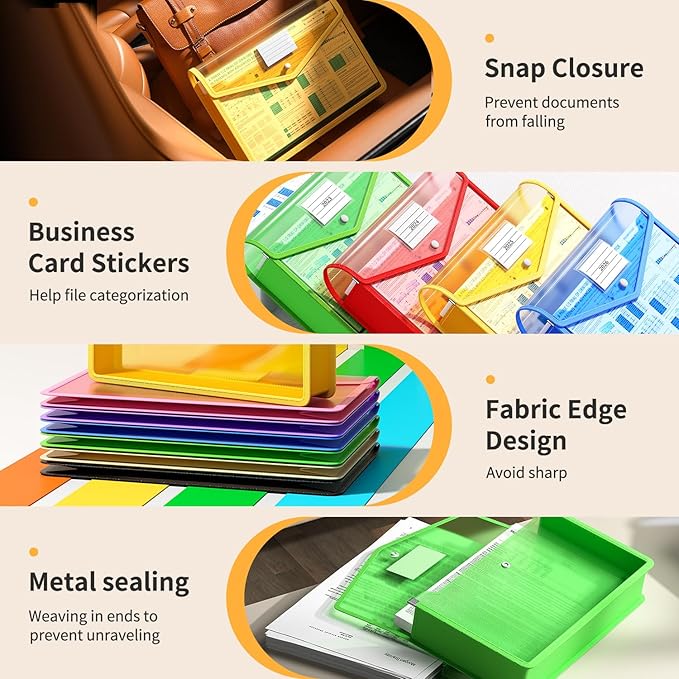 7 Pack Plastic Expanding File Folder, Transparent Envelopes with Snap Closure, Fit Legal/B4 Size for School/Office/Home/Hospital, No Dividers, Large Capacity - 7 Colors