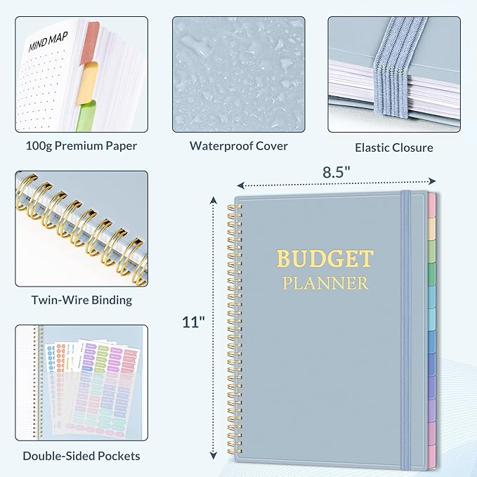 SUNEE Budget Planner - Monthly Budget Book with Expense Tracker Notebook, A4(8.5" x 11") Undated 12 Month Bill Organizer & Finance Planner to Manage Your Money, Account Book with Colorful Tab, Blue