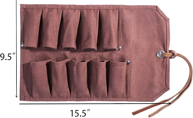 Tool Roll Up Bag with 10 Staggered Tool Pockets, Portable Carry Small Wrench Roll Up Pouch (Brown)